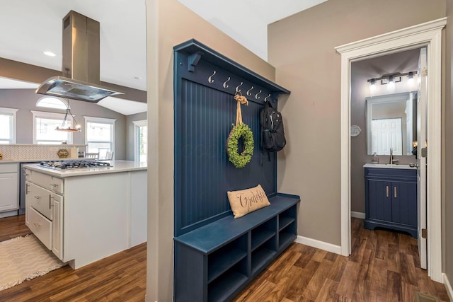 mudroom featuring dark wood finished floors, a sink, baseboards, and vaulted ceiling