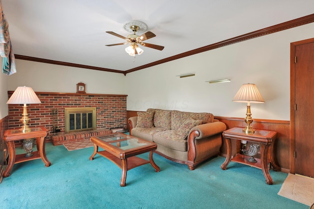 2639 Halleck Dr, Columbus, OH 43209 - living area with carpet, ceiling fan, a wainscoted wall, a brick fireplace, and crown molding