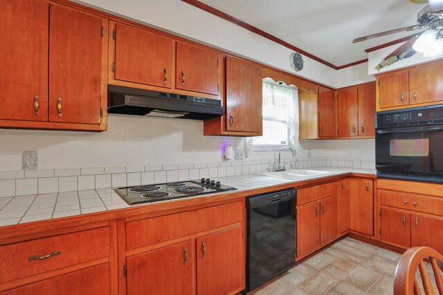 2639 Halleck Dr, Columbus, OH 43209 - kitchen with black appliances, a sink, under cabinet range hood, a ceiling fan, and tile countertops