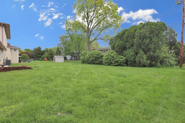 2639 Halleck Dr, Columbus, OH 43209 - view of grassy yard with a storage shed, an outbuilding, and central air condition unit