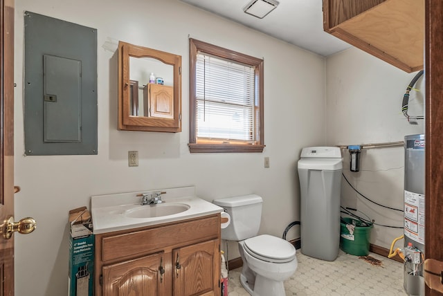 half bathroom with toilet, electric panel, water heater, baseboards, and vanity