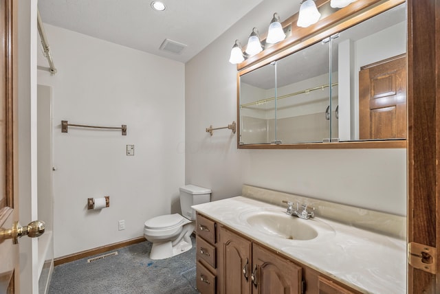 full bath with visible vents, baseboards, toilet, vanity, and a shower