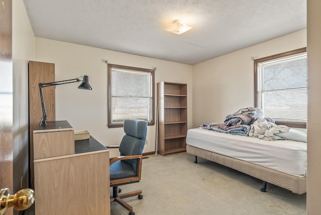 bedroom with multiple windows, light colored carpet, and a textured ceiling