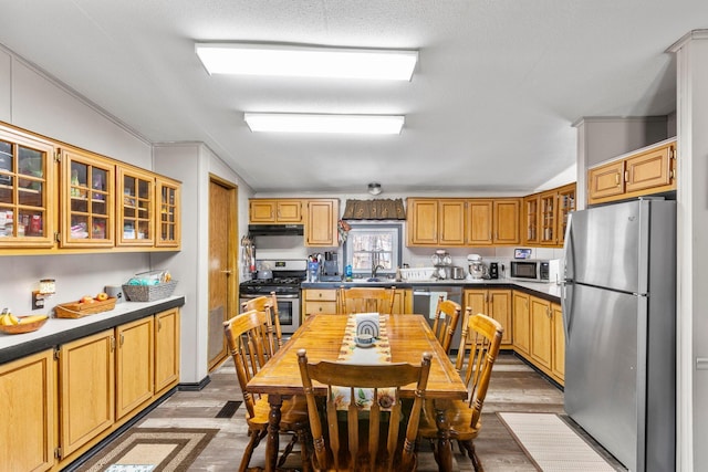 kitchen with lofted ceiling, under cabinet range hood, light wood-style floors, and appliances with stainless steel finishes