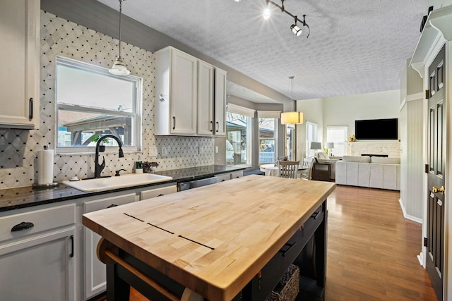 kitchen featuring wood finished floors, a healthy amount of sunlight, butcher block countertops, and a sink