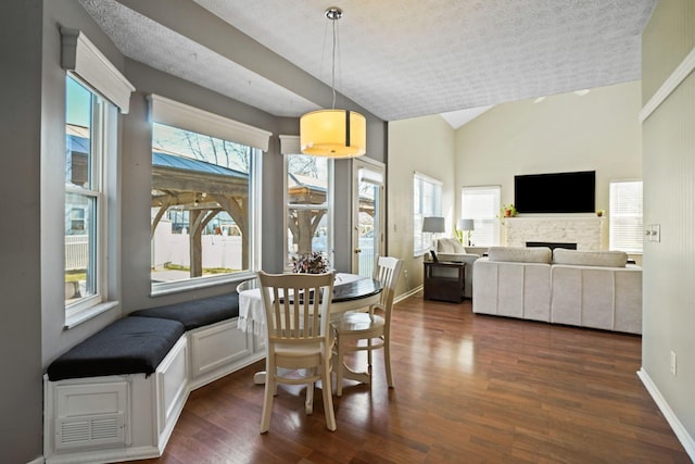 dining room featuring dark wood finished floors, lofted ceiling, a fireplace, and baseboards