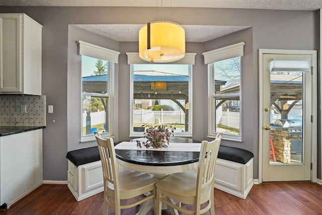 dining area with baseboards, dark wood-type flooring, and a textured ceiling