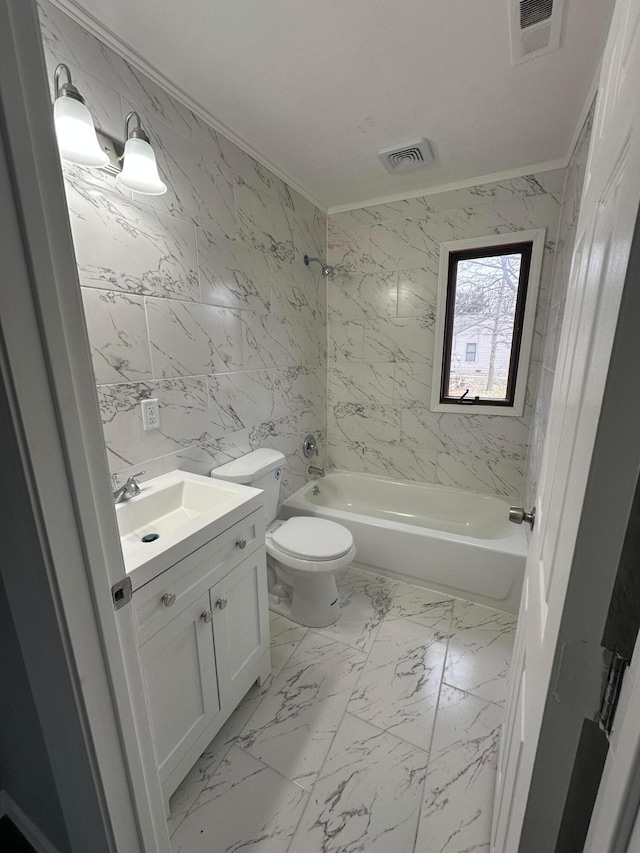 full bathroom with visible vents, crown molding, toilet, bathtub / shower combination, and marble finish floor