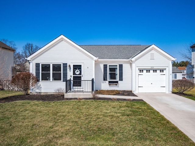 ranch-style home with a garage, roof with shingles, concrete driveway, and a front yard