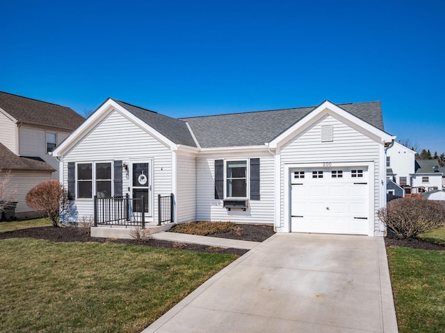 ranch-style home with a front yard, a garage, driveway, and roof with shingles