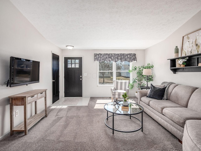 living room with carpet flooring, baseboards, and a textured ceiling