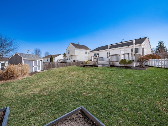 view of yard featuring a fenced backyard, a shed, an outdoor structure, and a deck