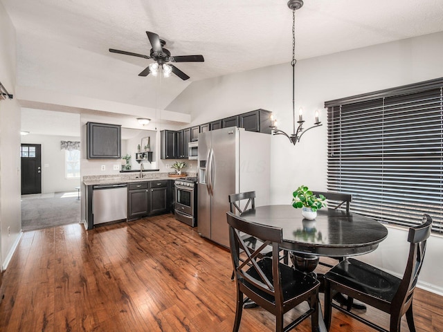 kitchen featuring vaulted ceiling, ceiling fan with notable chandelier, dark wood-style floors, stainless steel appliances, and a sink