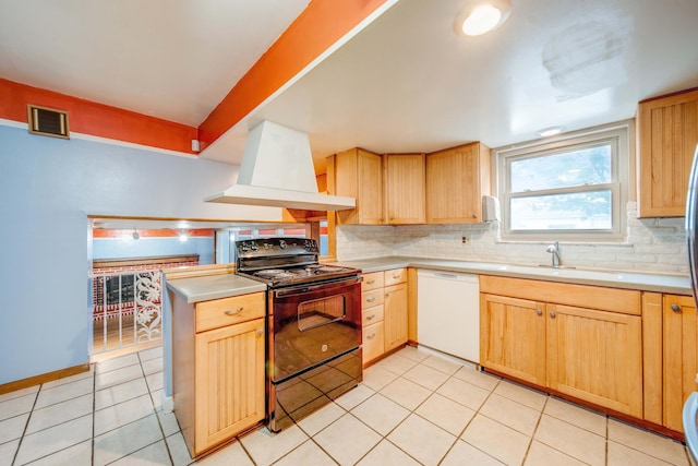 kitchen with visible vents, black range with electric cooktop, dishwasher, range hood, and a sink