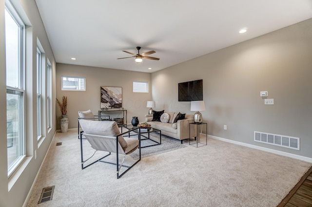 living room featuring visible vents, recessed lighting, and baseboards