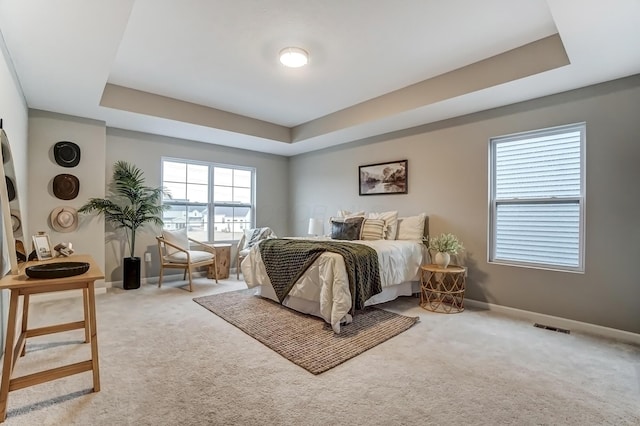 carpeted bedroom with visible vents, a raised ceiling, and baseboards