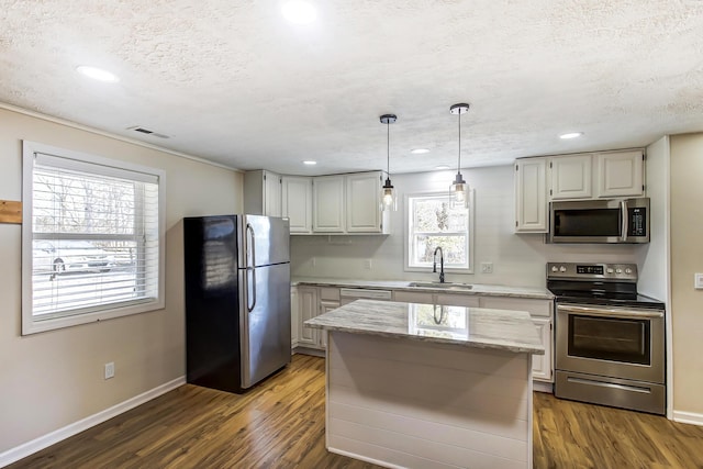 kitchen with a sink, dark wood finished floors, visible vents, and stainless steel appliances