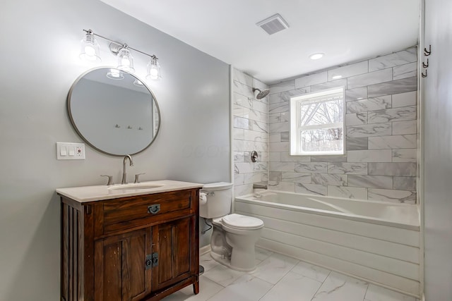 full bathroom featuring vanity, visible vents, toilet, marble finish floor, and shower / bathtub combination