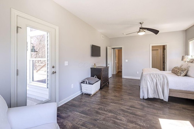 bedroom featuring access to exterior, dark wood-type flooring, a ceiling fan, and baseboards