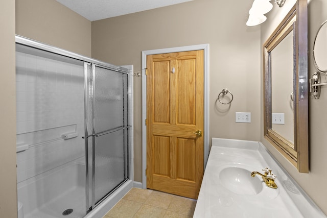 full bath featuring tile patterned floors, a stall shower, and vanity
