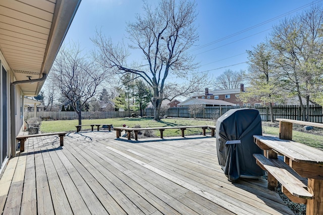 deck with a yard and a fenced backyard