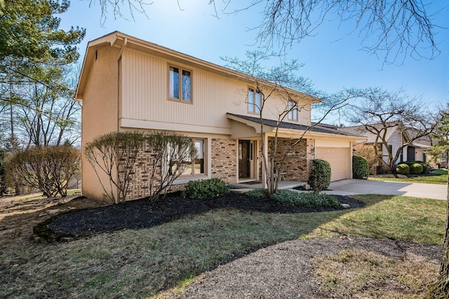 traditional home featuring a garage, brick siding, and driveway