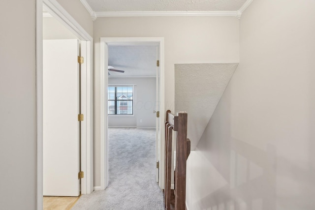 hallway with crown molding, an upstairs landing, light colored carpet, and a textured ceiling