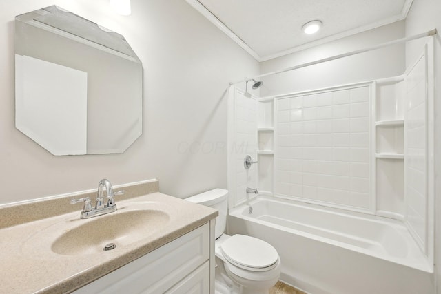 full bath with vanity, crown molding, toilet, and shower / bath combination