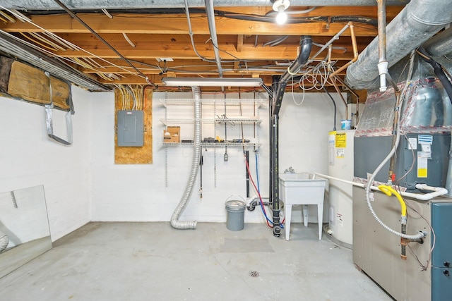 unfinished below grade area with electric panel, electric water heater, and a sink