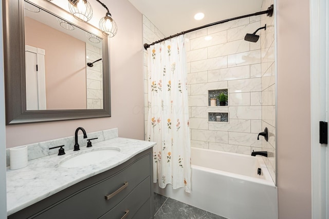 full bathroom featuring recessed lighting, vanity, and shower / tub combo