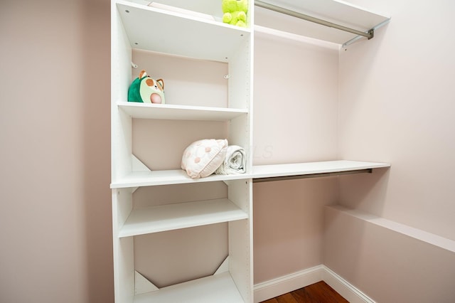 walk in closet with wood finished floors