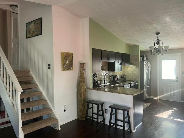 kitchen with dark wood-style floors, stainless steel appliances, lofted ceiling, and a sink