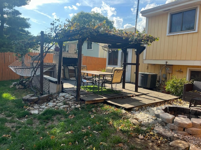 exterior space featuring fence, an outdoor fire pit, cooling unit, a deck, and outdoor dining space