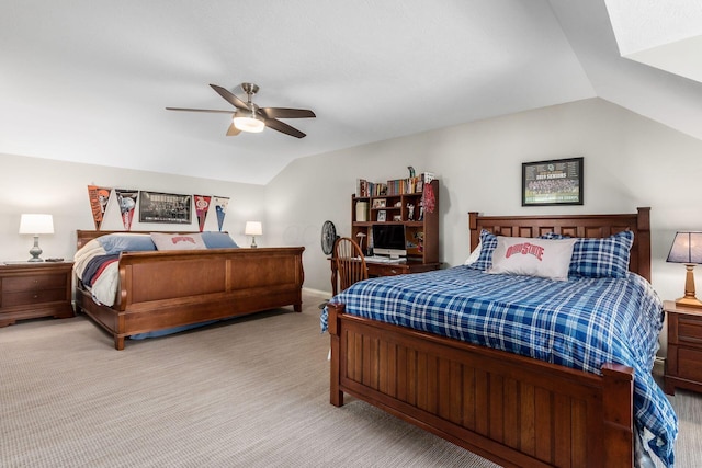 bedroom featuring lofted ceiling, light carpet, and ceiling fan