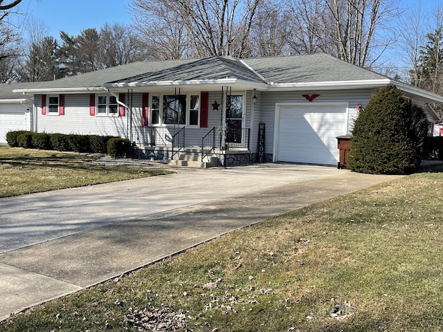 single story home featuring a shingled roof, covered porch, concrete driveway, a front yard, and an attached garage