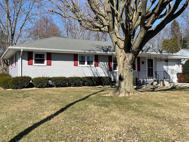 single story home featuring a garage, covered porch, a front yard, and a shingled roof