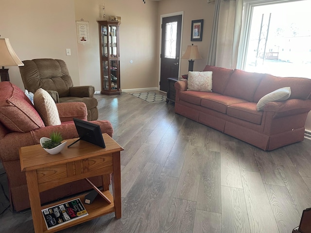 living area with baseboards and wood finished floors