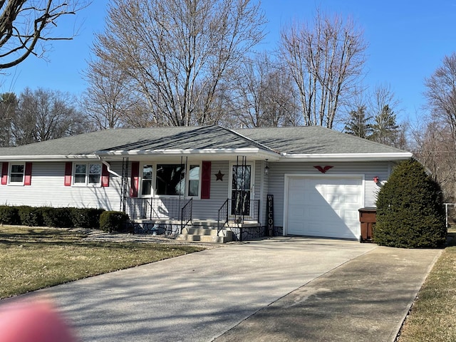 ranch-style house featuring driveway, roof with shingles, covered porch, a front lawn, and a garage