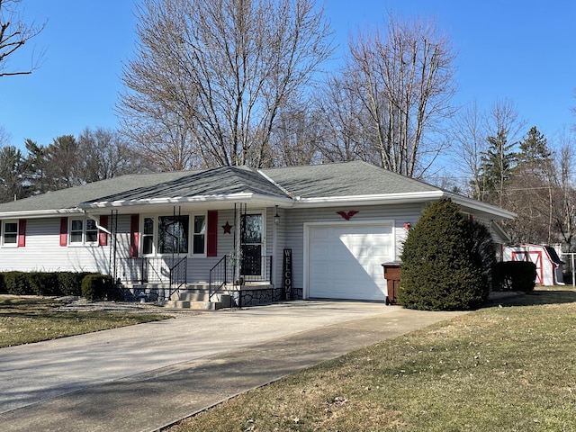 single story home featuring a front lawn, covered porch, concrete driveway, and an attached garage