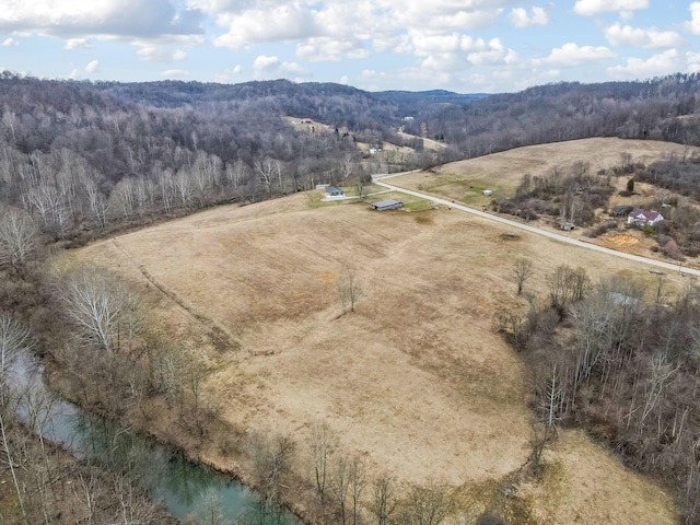 birds eye view of property featuring a mountain view, a rural view, and a wooded view