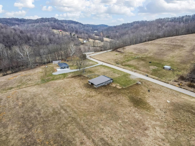 birds eye view of property with a forest view and a mountain view