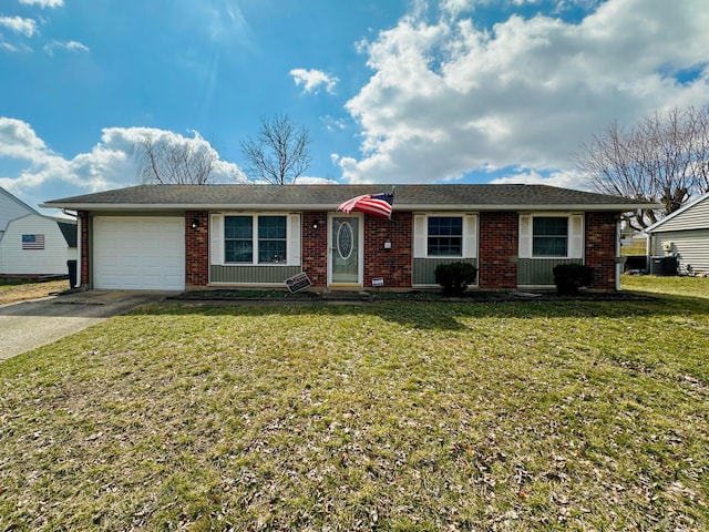 single story home featuring concrete driveway, an attached garage, brick siding, and a front lawn