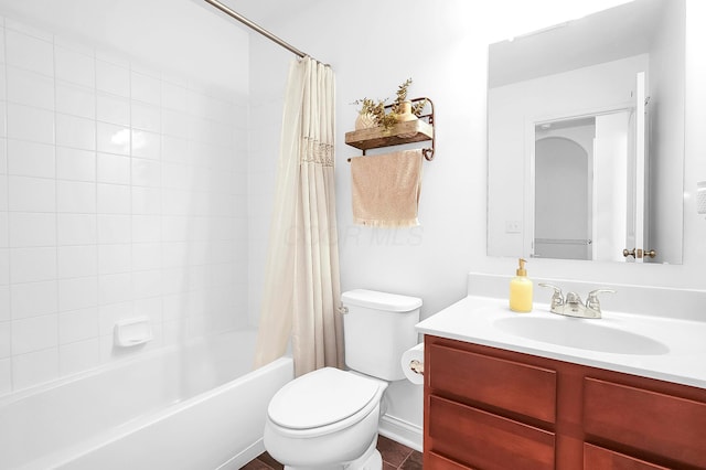 bathroom featuring toilet, vanity, and shower / bath combination with curtain