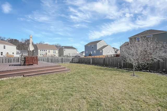 view of yard with a deck, a fenced backyard, and a residential view