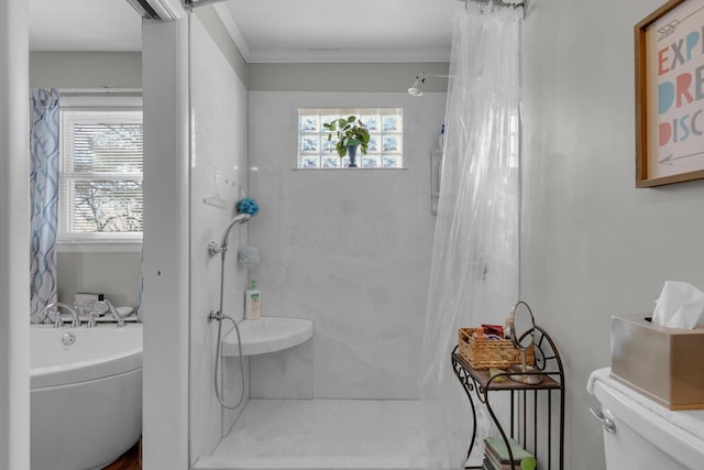 bathroom with a bathtub, a shower with curtain, a healthy amount of sunlight, and crown molding