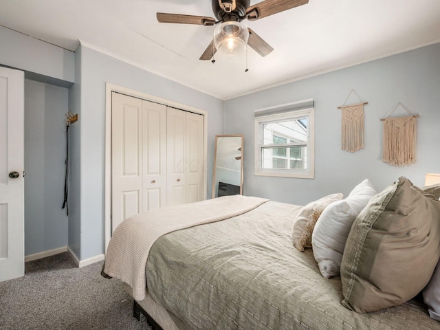 bedroom featuring a closet, carpet floors, baseboards, and a ceiling fan