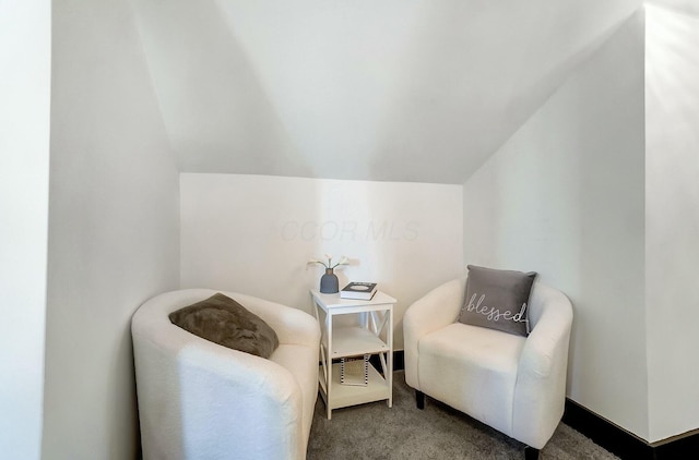 sitting room with lofted ceiling and carpet floors