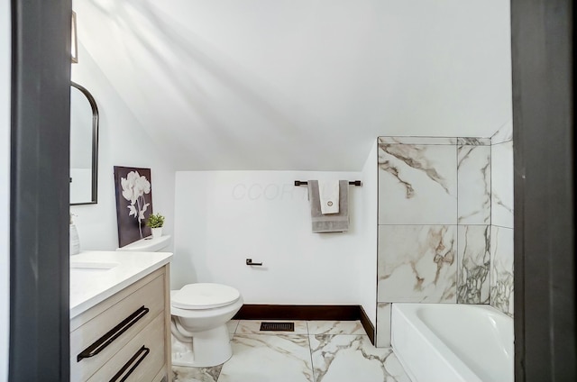 full bath with visible vents, toilet, a tub to relax in, marble finish floor, and vanity