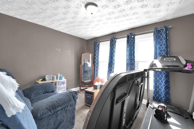 exercise room featuring baseboards, a textured ceiling, and carpet