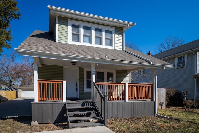 view of front of property with covered porch, cooling unit, roof with shingles, and fence